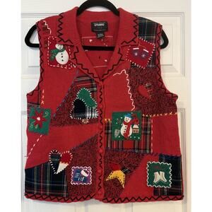 VTG Christmas Sweater Vest Women MED Red Embroidered Fringe Beaded Ugly Party
